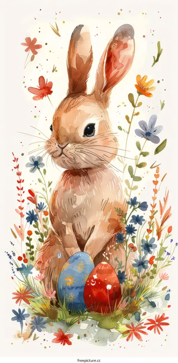 Watercolor Easter Bunny with Eggs