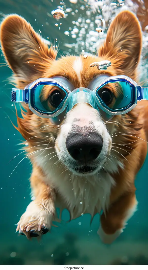 A cute dog wearing swimming goggles is swimming underwater
