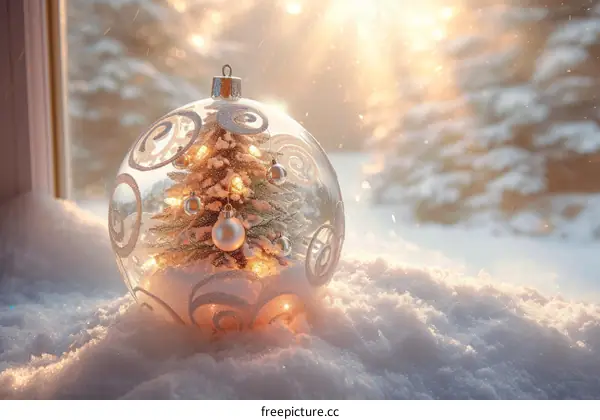 A beautiful Christmas ornament with a miniature tree inside it sits in the snow outside a window.