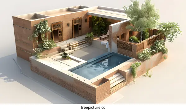 3D Illustration of a Courtyard with a Pool and Lush Greenery