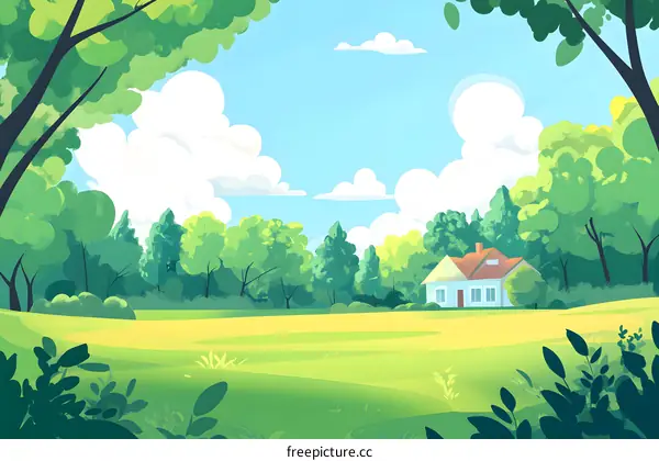 Green Meadow Landscape with a House Illustration