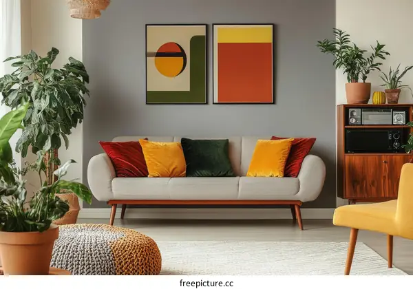 Modern Living Room with Bold Colors and Geometric Art