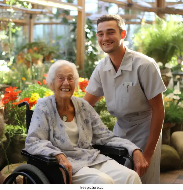 Young male nurse smiling with elderly female patient in wheelchair
