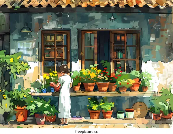 A woman watering plants in a courtyard