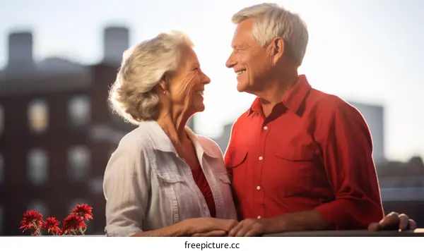 Happy elderly couple smiling at each other