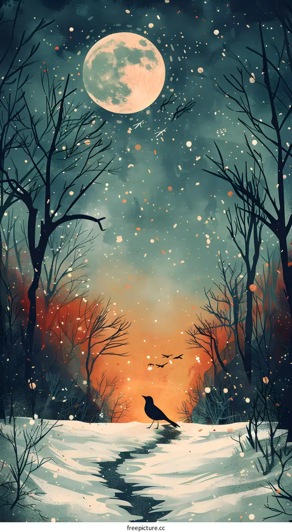 Winter Landscape Illustration with Full Moon and Bird