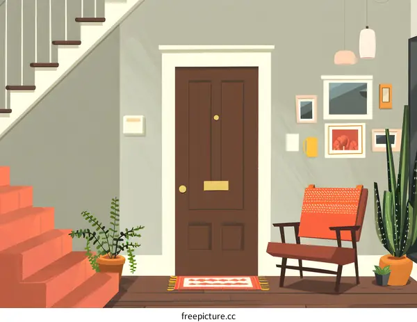 Modern Home Entrance with Door, Stairs, and Plants