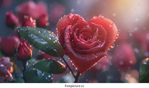 A rose in the shape of a heart with water drops on its petals.