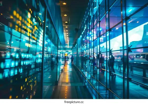 Night View of a Modern Airport Terminal with People