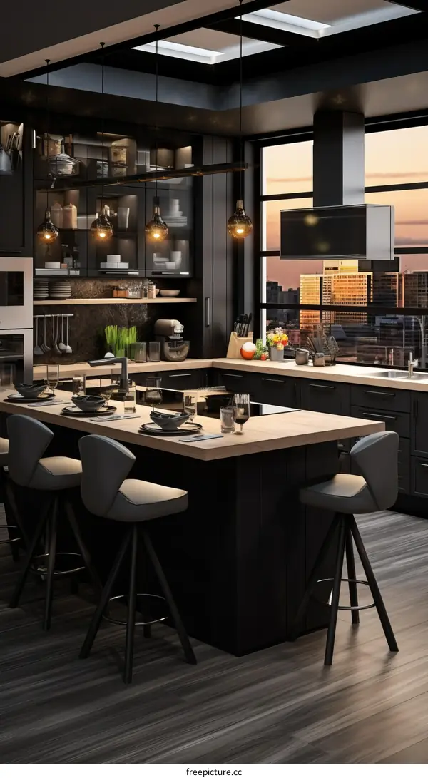 Modern Black and White Kitchen with City Views