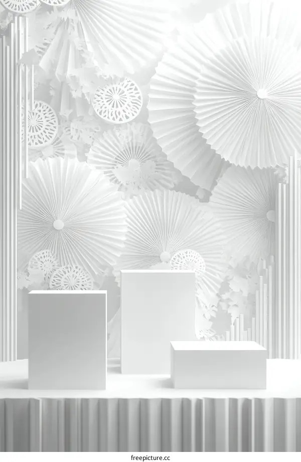 White Minimalist Product Display Stand with Paper Fan Decorations
