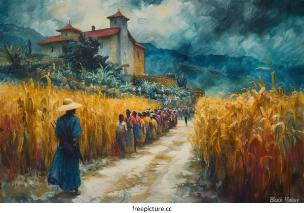 A group of people walking through a field of wheat with a church in the background