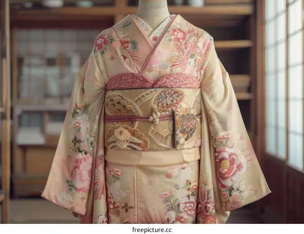 A kimono with a floral pattern and a pink obi.