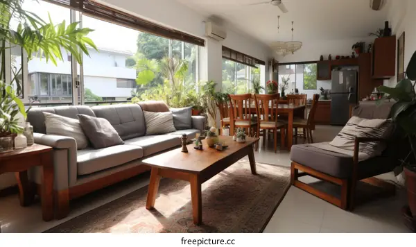 spacious bright living room with large windows and wooden furniture