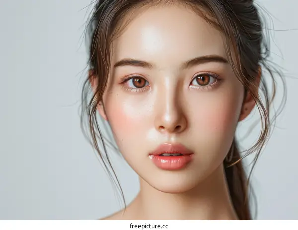 A portrait of a young woman with flawless skin