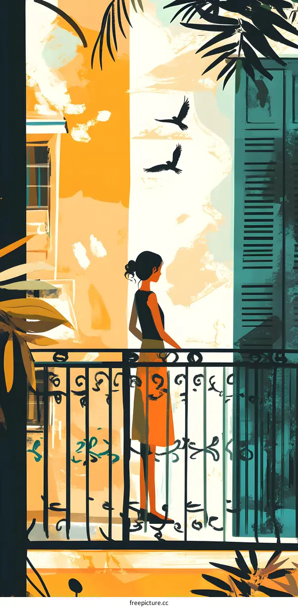 Woman Standing on a Balcony in a Building with a View of Birds Flying