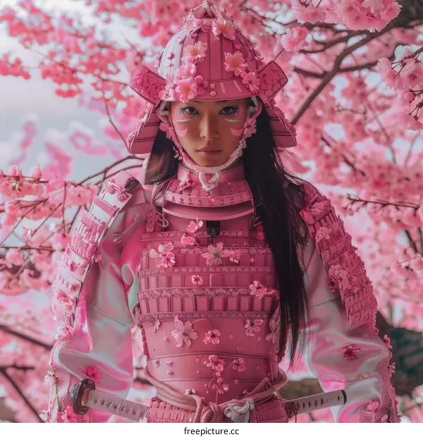 A Female Samurai in Pink Armor Surrounded by Cherry Blossoms