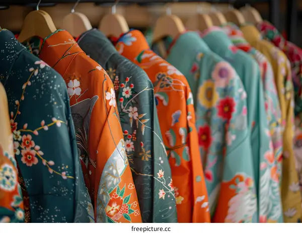 A rack of colorful kimono with floral patterns.