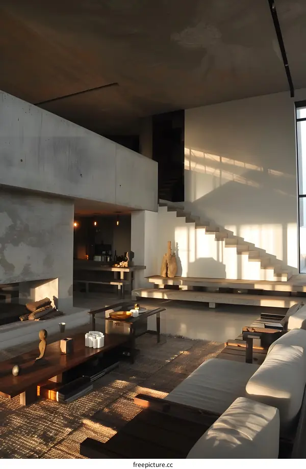 Modern Minimalist Concrete Home Interior Design With Open Floor Plan And Large Windows