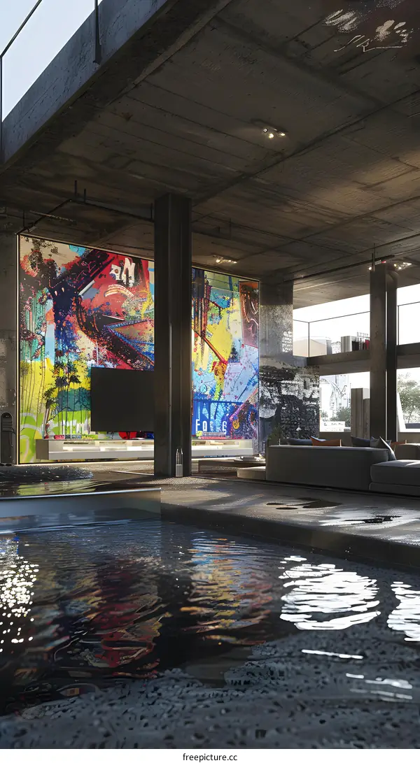 Modern Interior Design with Concrete Walls and Graffiti Art