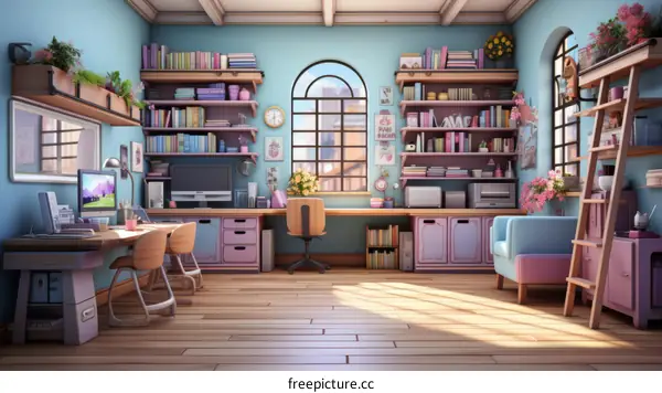 A cozy home office with a large window and a pink couch