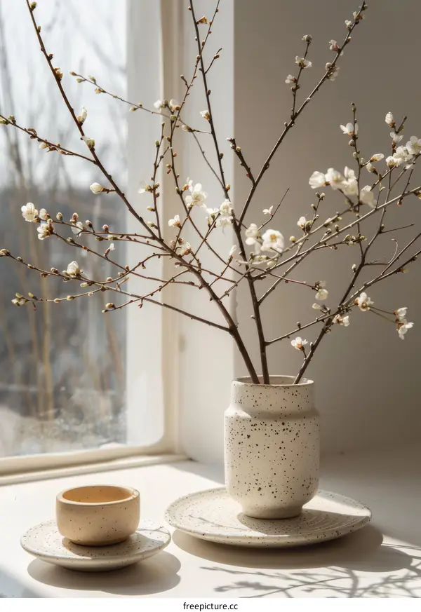 A ceramic vase with white flowers on a white table in front of a window.