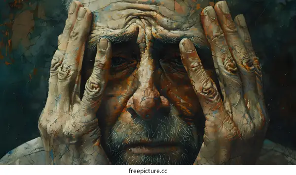 Portrait of an old man with hands on his face