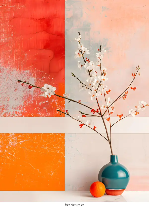 White Flowers in Teal Vase on Colorful Wall Background