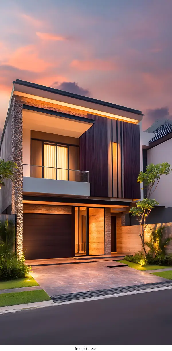 Modern House with Stone Facade and Sunset Sky