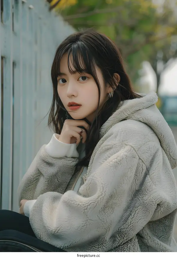 Portrait of a Young Woman with Long Black Hair Wearing a Fleece Jacket