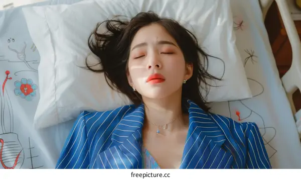 A woman in a blue suit is lying on a bed with her eyes closed
