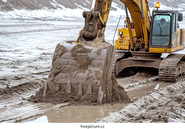 A large yellow excavator is digging up a large amount of mud.