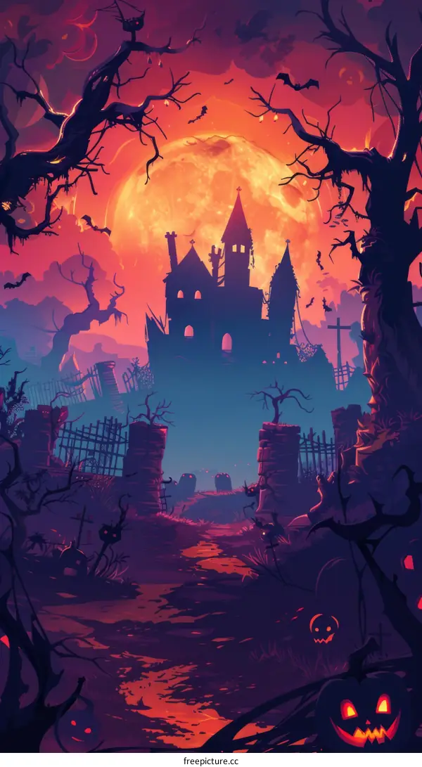 Illustration of a haunted house with a full moon in the background