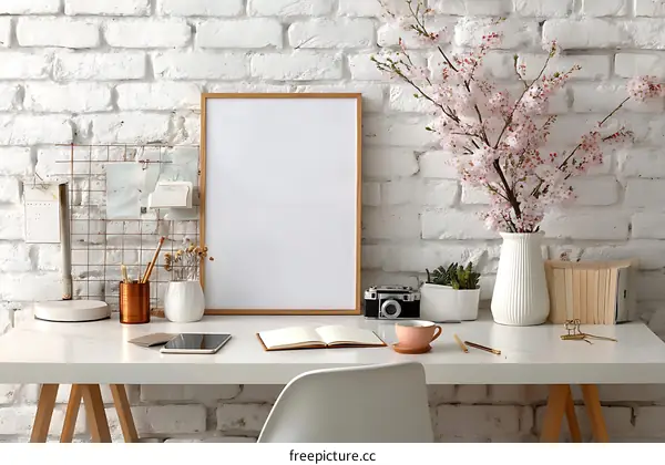 Cozy Workspace with Blank Frame and Pink Flowers