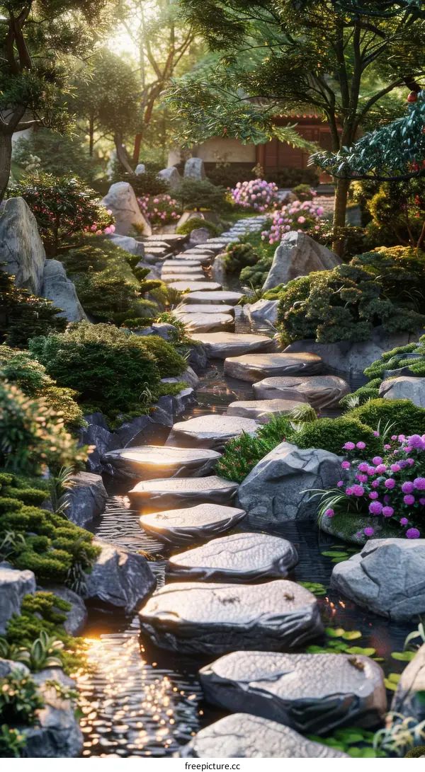 Stepping stones in a lush garden with a traditional house in the background