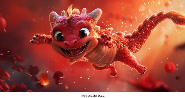 A Joyous Red Dragon Soaring Mid-Air