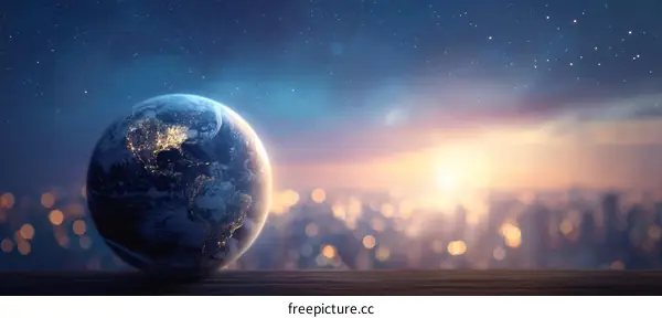 Earth Globe Above Cityscape at Dawn