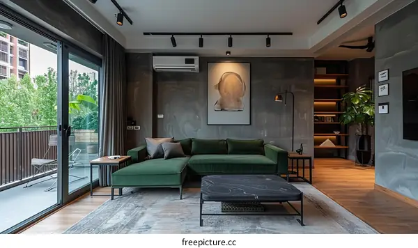 Modern living room interior design with green sofa and gray walls