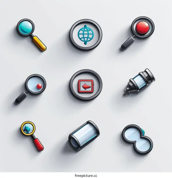 3D illustration of a set of search-related icons