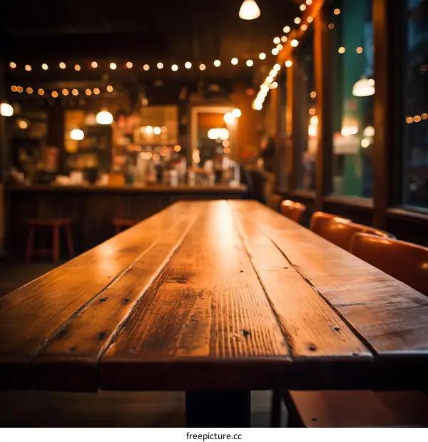 An Empty Wooden Table in a Cafe
