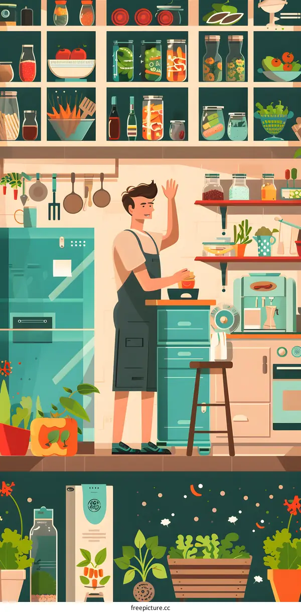 Man Cooking in Kitchen with Many Jars and Pots