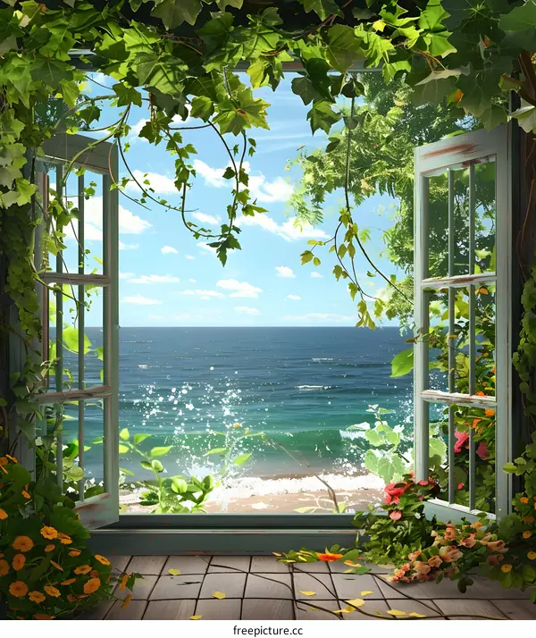 Sea View Through Open Window With Flowers