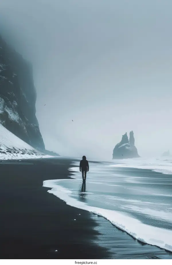 Man walking alone on a black sand beach in Iceland