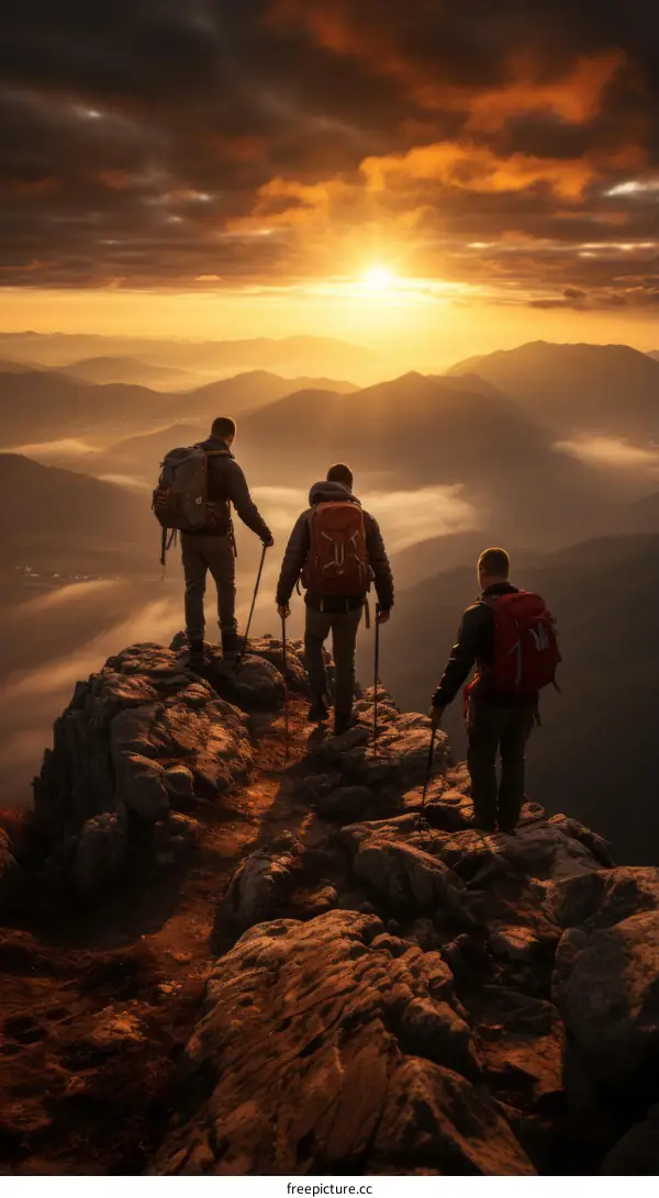Three hikers on a mountaintop at sunrise
