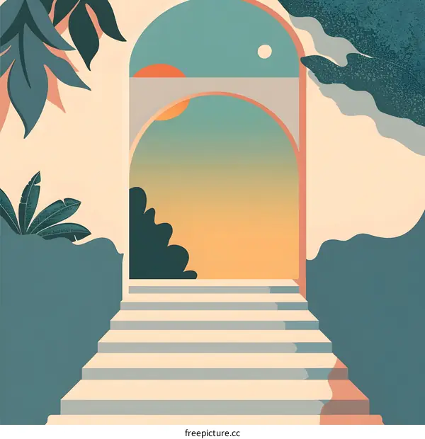Abstract Illustration of Steps Leading to a Sunset Through an Archway
