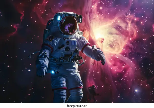Astronaut Spacewalk with Purple and Pink Nebula Background