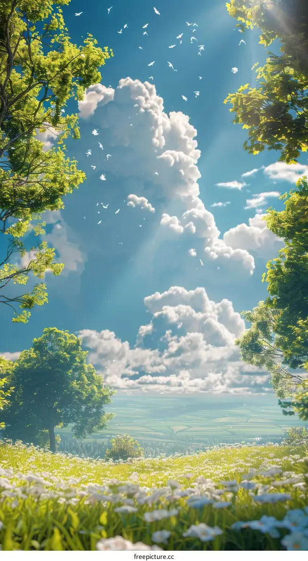 Trees and flowers under the vast sky