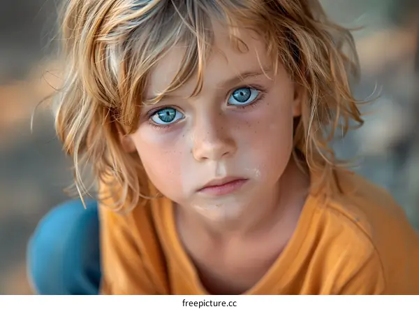 Portrait of a boy with blond hair and blue eyes