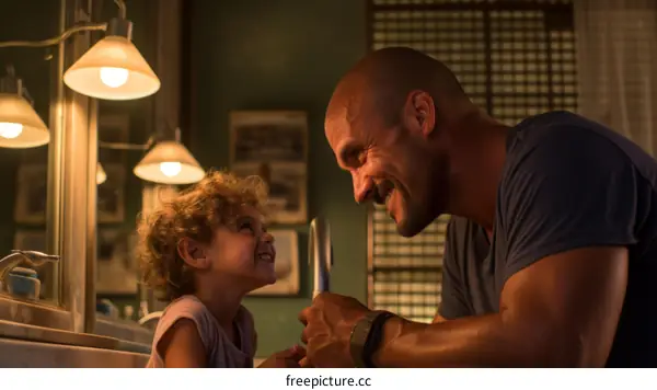 A father and his daughter are smiling at each other in a bathroom.