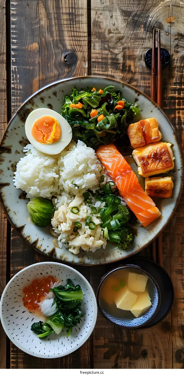Japanese meal with salmon, rice, and vegetables